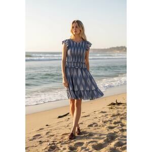 Saylor Large Zinnia Smocked Mini Dress Ikat Indigo Blue Small Flutter Sleeve